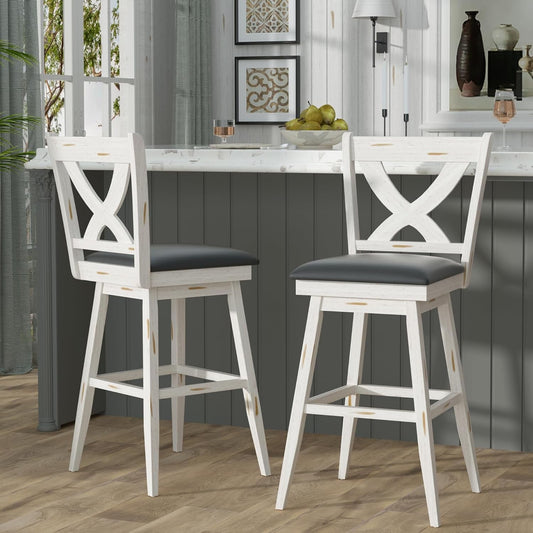 29" Swivel Bar Height Stools, High Back Swivel Bar Stools with Grey Faux Leather Upholstered Seat & Solid Wood Footrest, Counter Bar Chairs for Kitchen Island & Pub (Antique White, Set of 2)-0