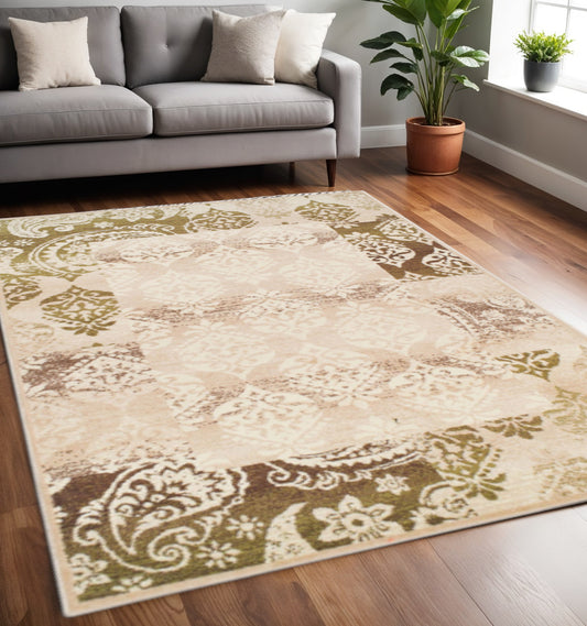 5' X 8' Brown Damask Power Loom Distressed Stain Resistant Area Rug-0