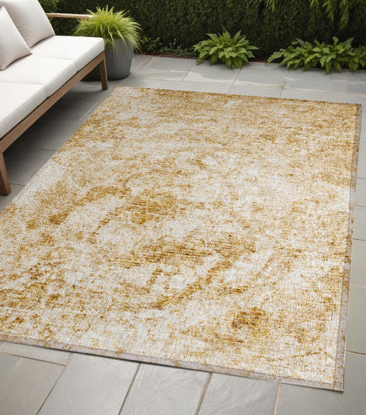 5' X 8' Cream and Gold Abstract Washable Non Skid Indoor Outdoor Area Rug-0