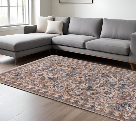 7' X 10' Tan And Blue Oriental Area Rug With Fringe-0