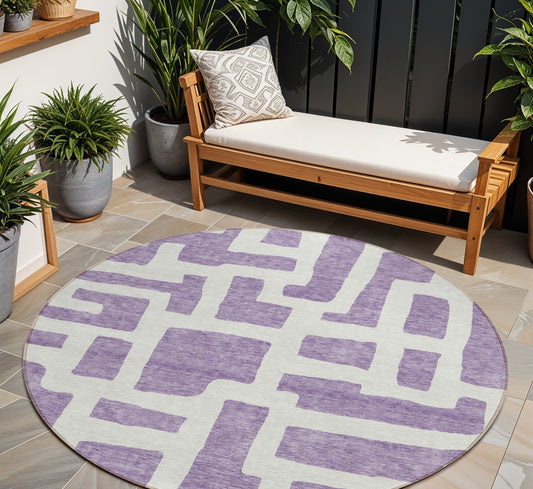 8' Purple And Ivory Round Abstract Washable Indoor Outdoor Area Rug-0