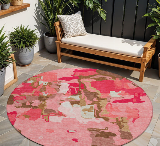 8' Coral Pink And Brown Round Abstract Washable Indoor Outdoor Area Rug-0