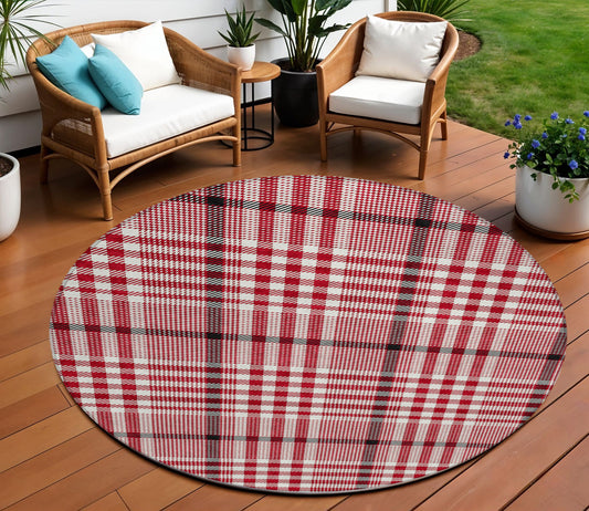 8' Red Black And Ivory Round Plaid Washable Indoor Outdoor Area Rug-0