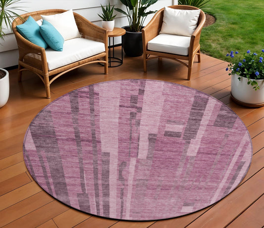 8' Blush And Brown Round Striped Washable Indoor Outdoor Area Rug-0