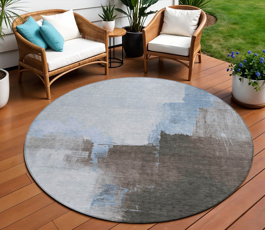 8' Sky Blue And Blue Round Abstract Washable Indoor Outdoor Area Rug-0