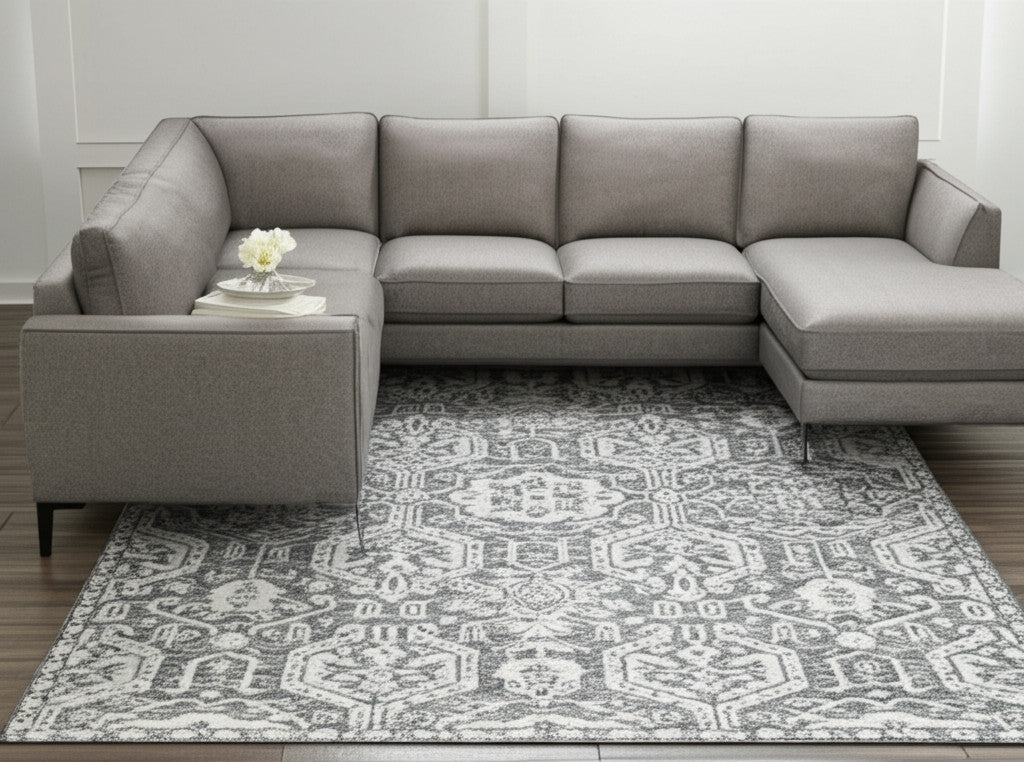 9' X 12' Gray And White Geometric Hand Tufted Area Rug-0