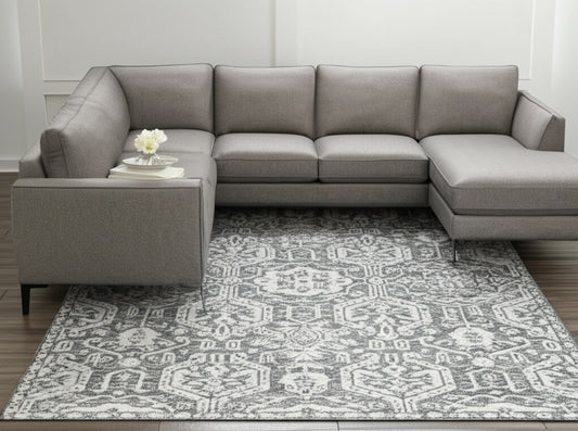 9' X 12' Gray And White Geometric Hand Tufted Area Rug-0