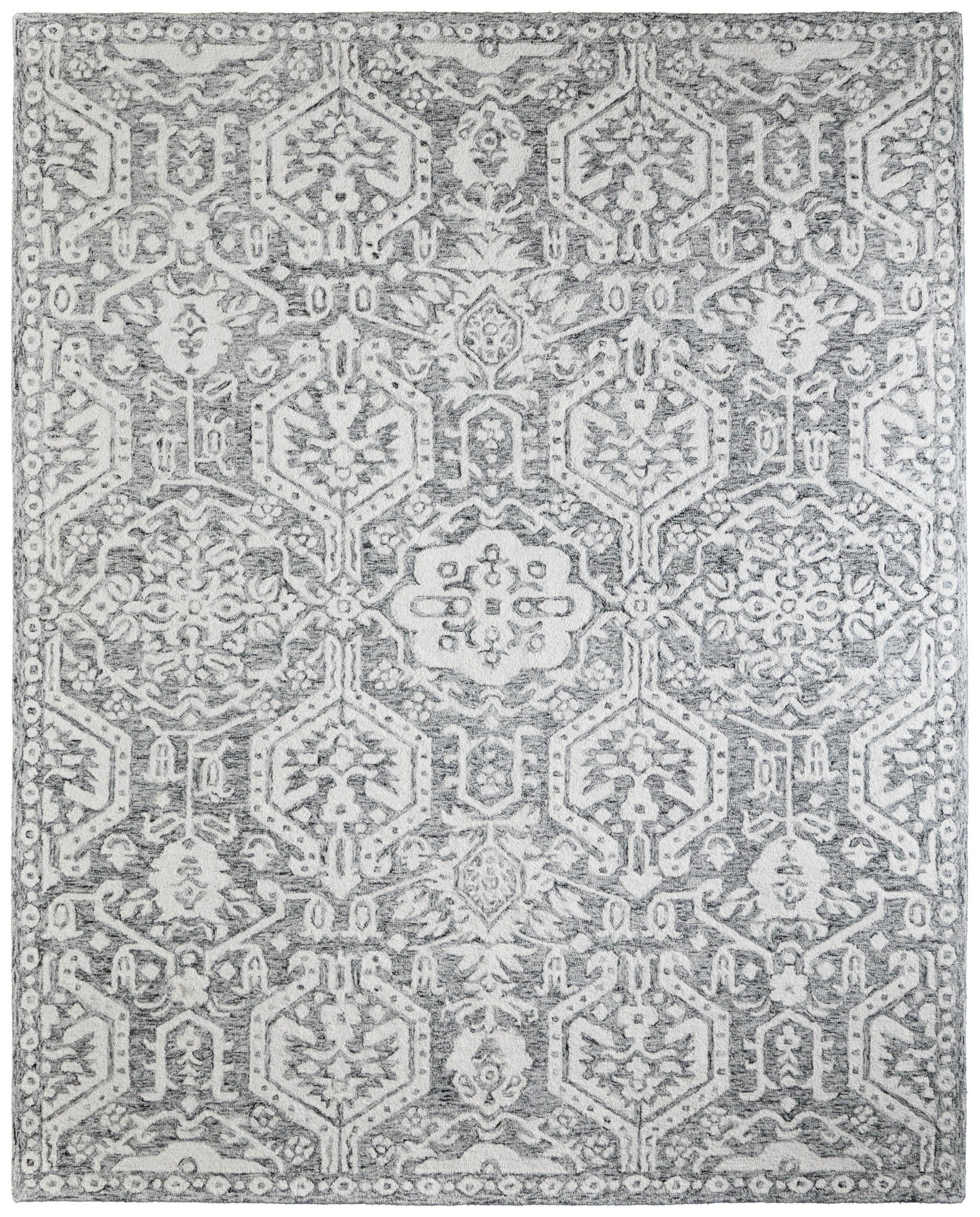 9' X 12' Gray And White Geometric Hand Tufted Area Rug-1