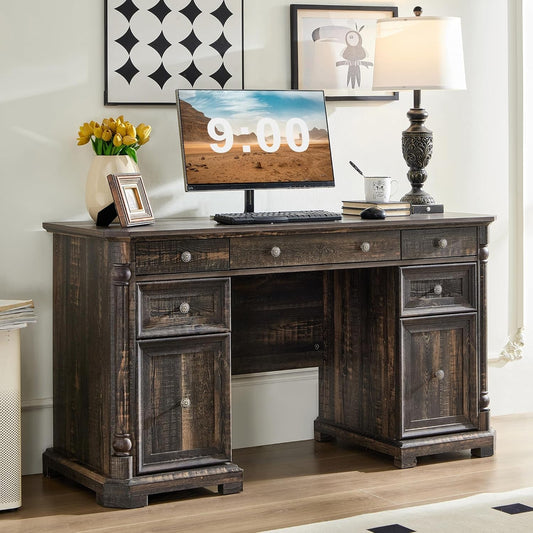55'' Wood Executive Desk with 7 Drawers - Farmhouse Home Office Desks with Storage & Power Outlet, Wooden Computer Desk with Roman Columns, Writing Table for Work & Study, Dark Reclaimed Oak-0