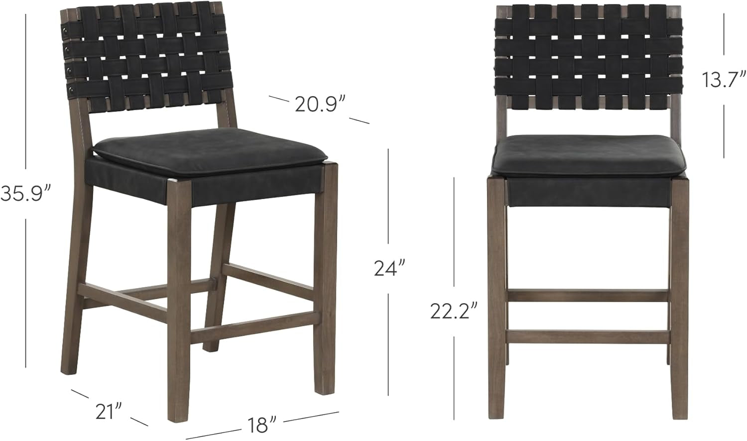 Cohen Mid-Century Modern Leather Bar Stool, Counter Height Chair in Solid Wood Frame with Footrest and Woven Leather Back for Kitchen, Black-1