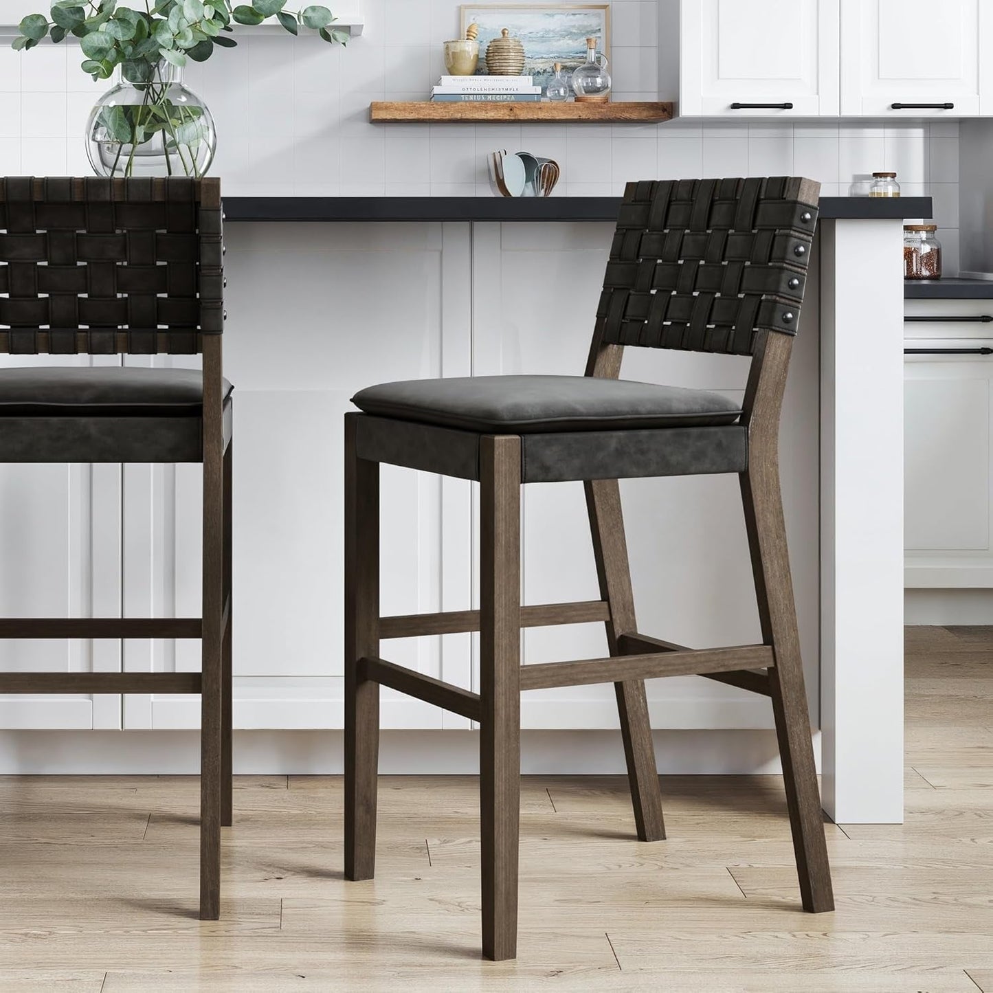 Cohen Mid-Century Modern 29 In. Wood Bar Stool, Upholstered Faux Leather Bar Height Stool with Solid Wood Frame, Black-0