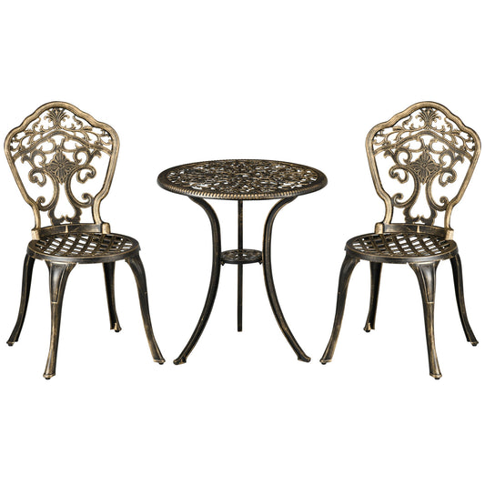 3 Piece Cast Aluminium Garden Bistro Set for 2 with Parasol Hole, Outdoor Coffee Table Set, Two Armless Chairs and Round Coffee Table-0