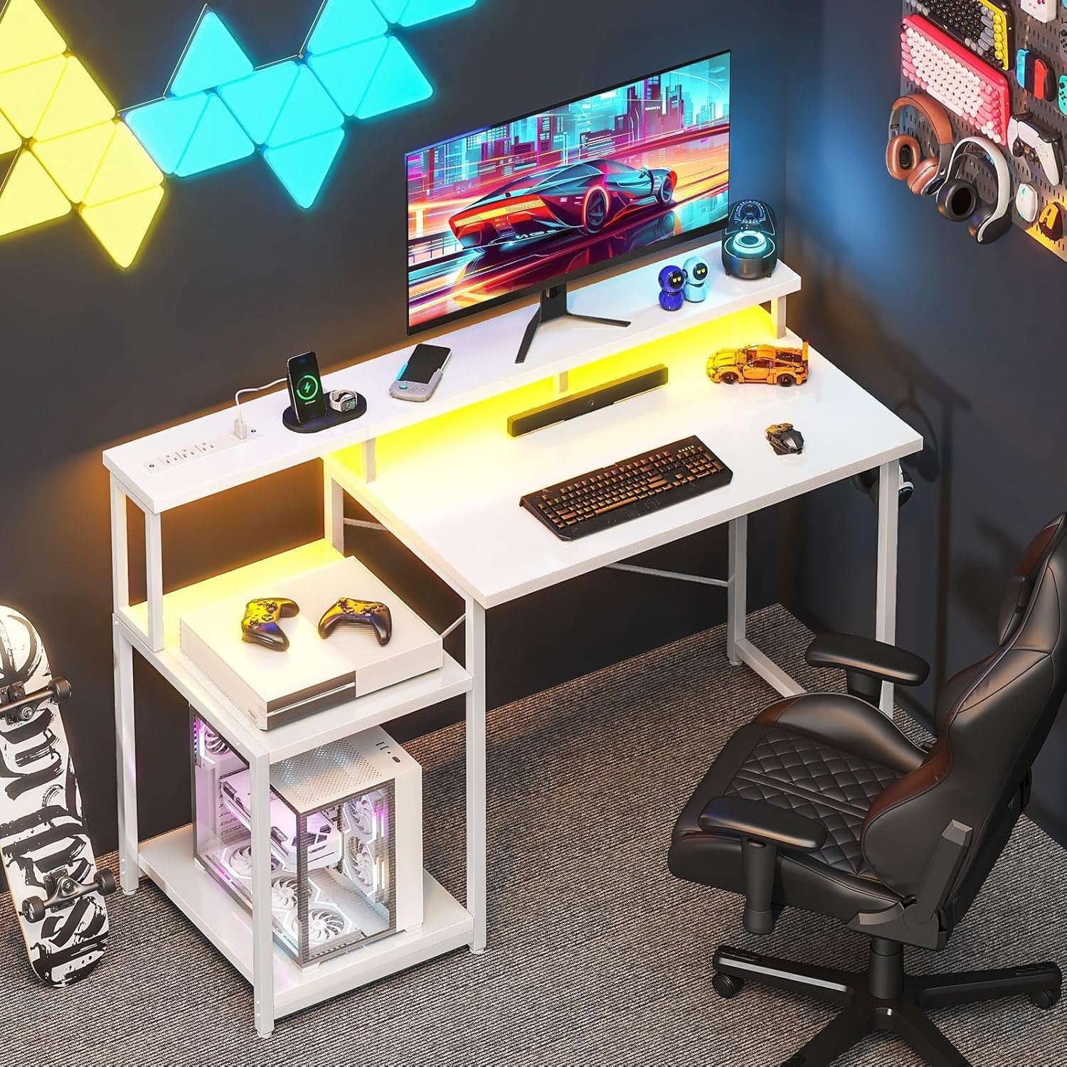 Computer Desk, 48 Inch Gaming Desk with Led Lights & Power Outlet, Office Desk with Printer Storage Shelves, Reversible Desk with Monitor Shelf & Headphone Hook, White-1