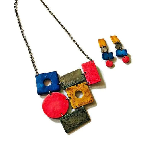 Big  Colorful Statement Jewelry Set with Wide Statement Necklace & Long Geometric Earrings-0