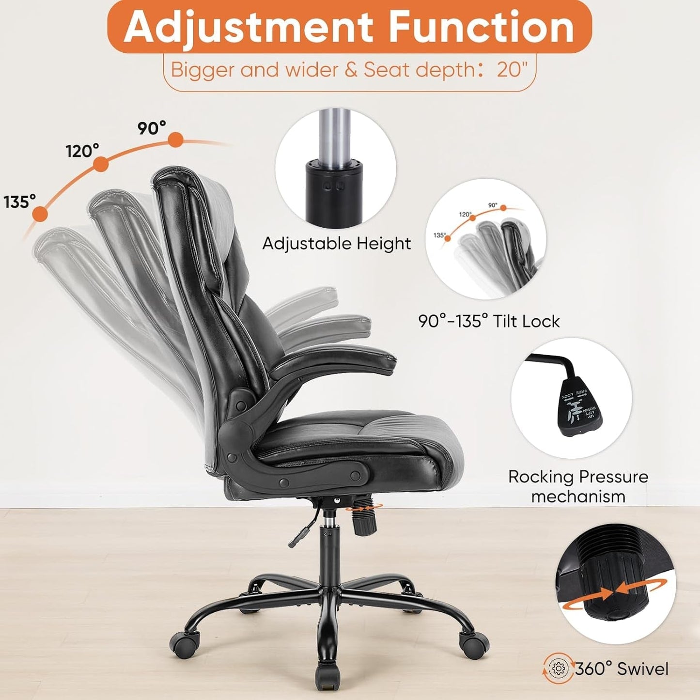 Computer Gaming Chair, Ergonomic Office Chair Heavy Duty Task Desk Chair with Flip-Up Arms, PU Leather, Adjustable Swivel Rolling Chair with Wheels, Black-3