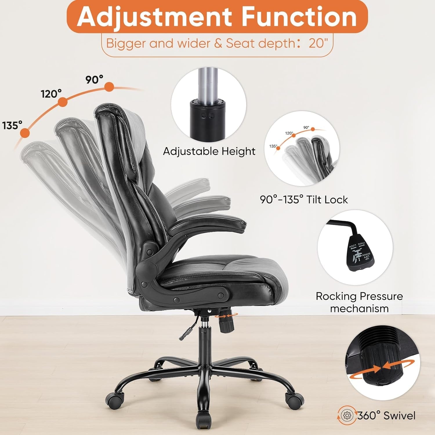 Computer Gaming Chair, Ergonomic Office Chair Heavy Duty Task Desk Chair with Flip-Up Arms, PU Leather, Adjustable Swivel Rolling Chair with Wheels, Black-3