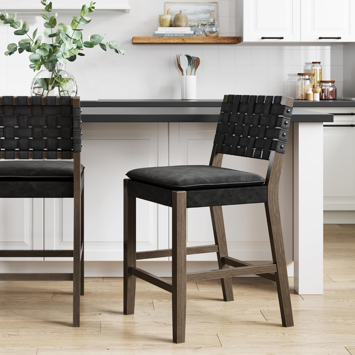 Cohen Mid-Century Modern Leather Bar Stool, Counter Height Chair in Solid Wood Frame with Footrest and Woven Leather Back for Kitchen, Black-0