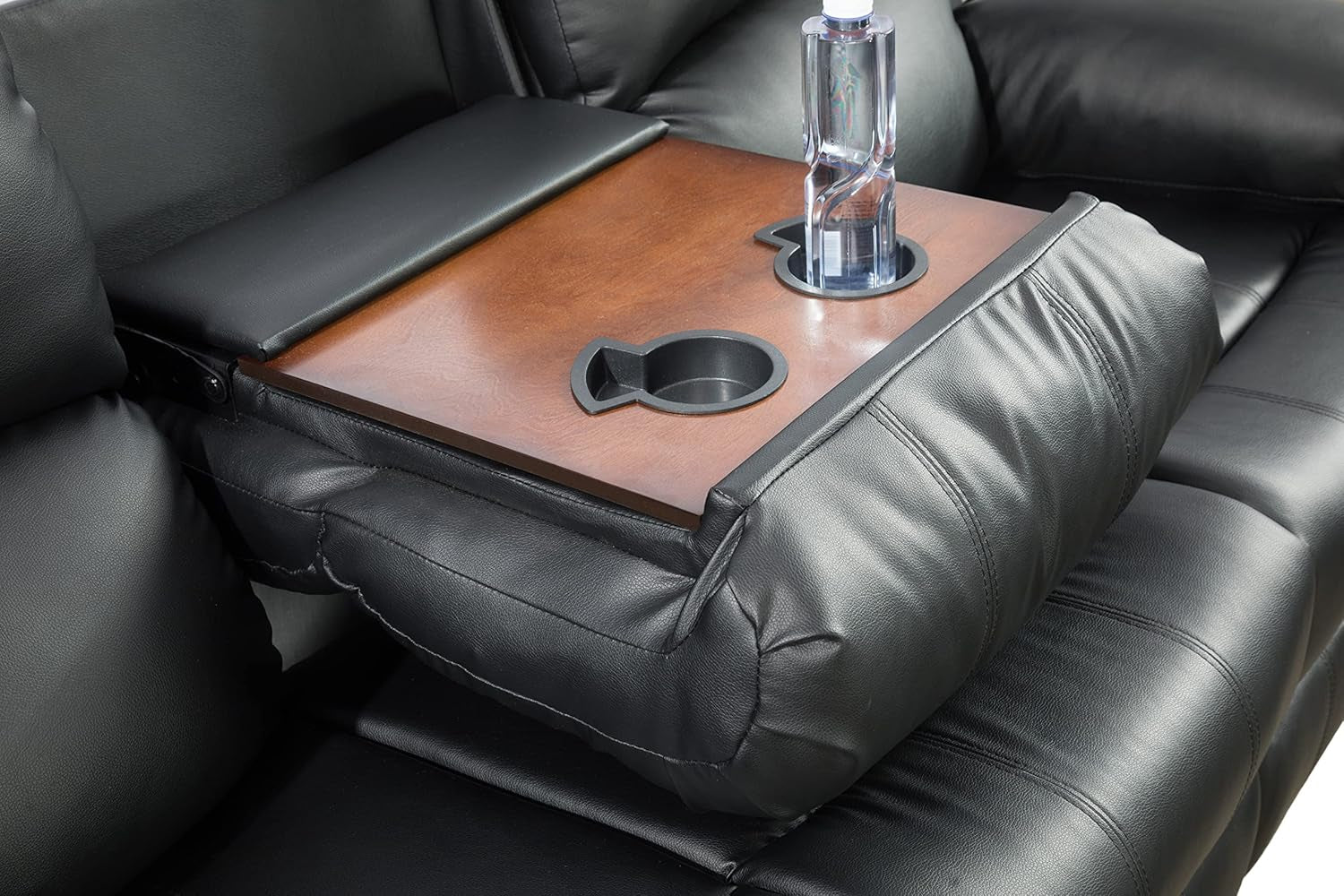 Black Vegan Leather 3-Seater Reclining Sofa Table, Cup Holders-2