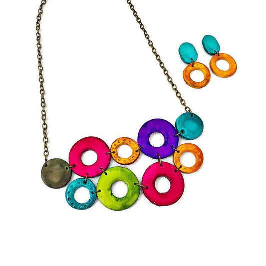 Colorful Jewelry Set with Linked Statement Necklace & Matching Earrings Handmade & Painted-0
