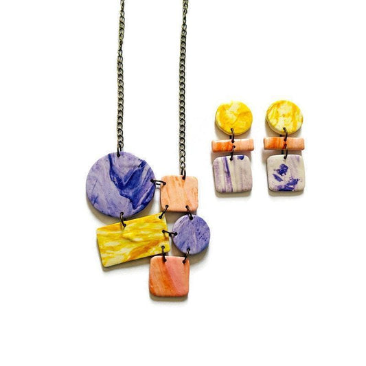 Pastel Jewelry Set with Geometric Necklace & Statement Earrings-0