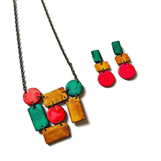 Cute Clay Geometric Jewelry Set with Statement Necklace & Matching Earrings-0