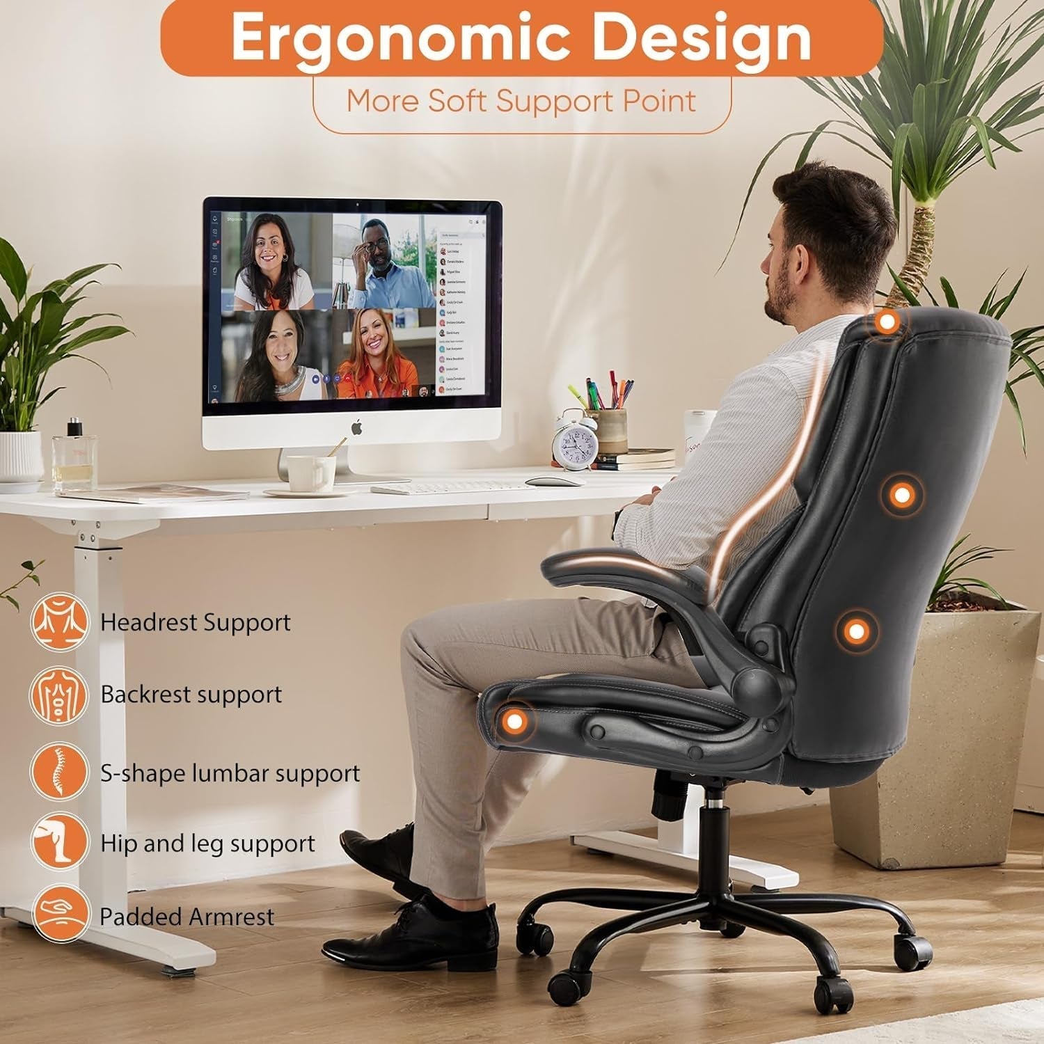 Computer Gaming Chair, Ergonomic Office Chair Heavy Duty Task Desk Chair with Flip-Up Arms, PU Leather, Adjustable Swivel Rolling Chair with Wheels, Black-4