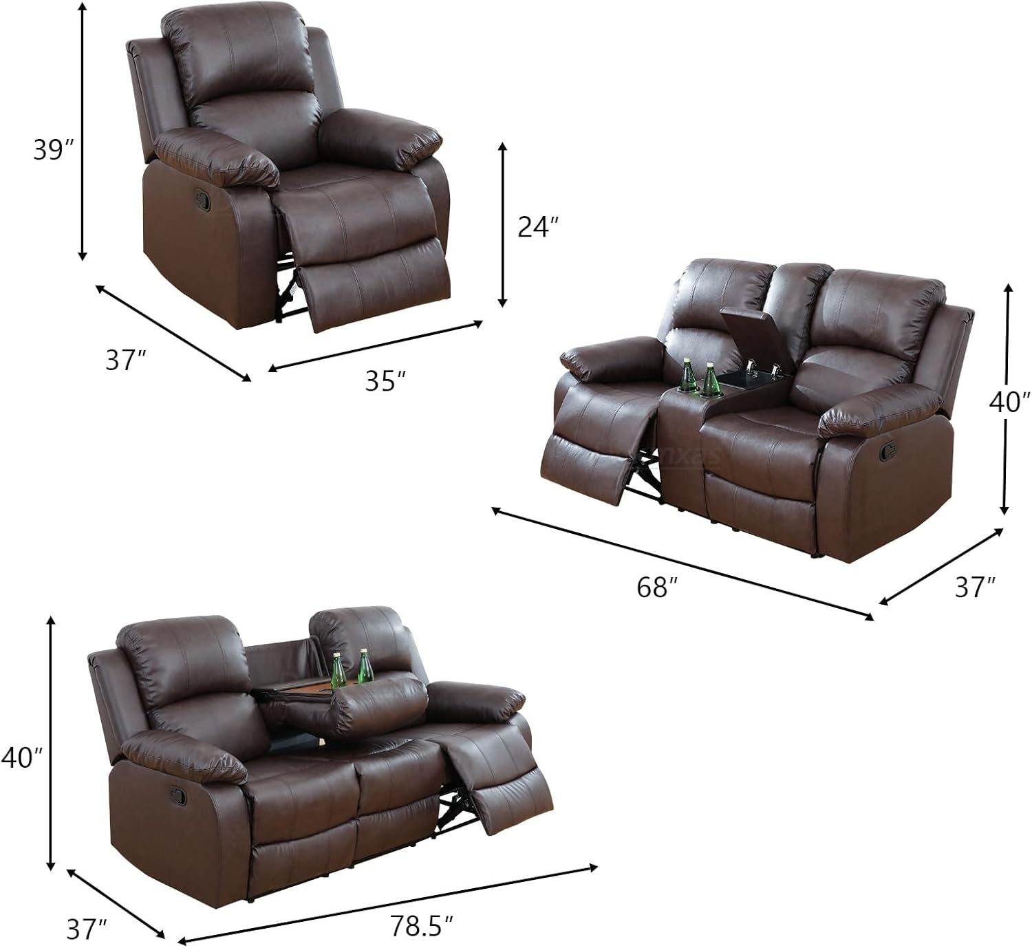 Black Vegan Leather 3-Seater Reclining Sofa Table, Cup Holders-1