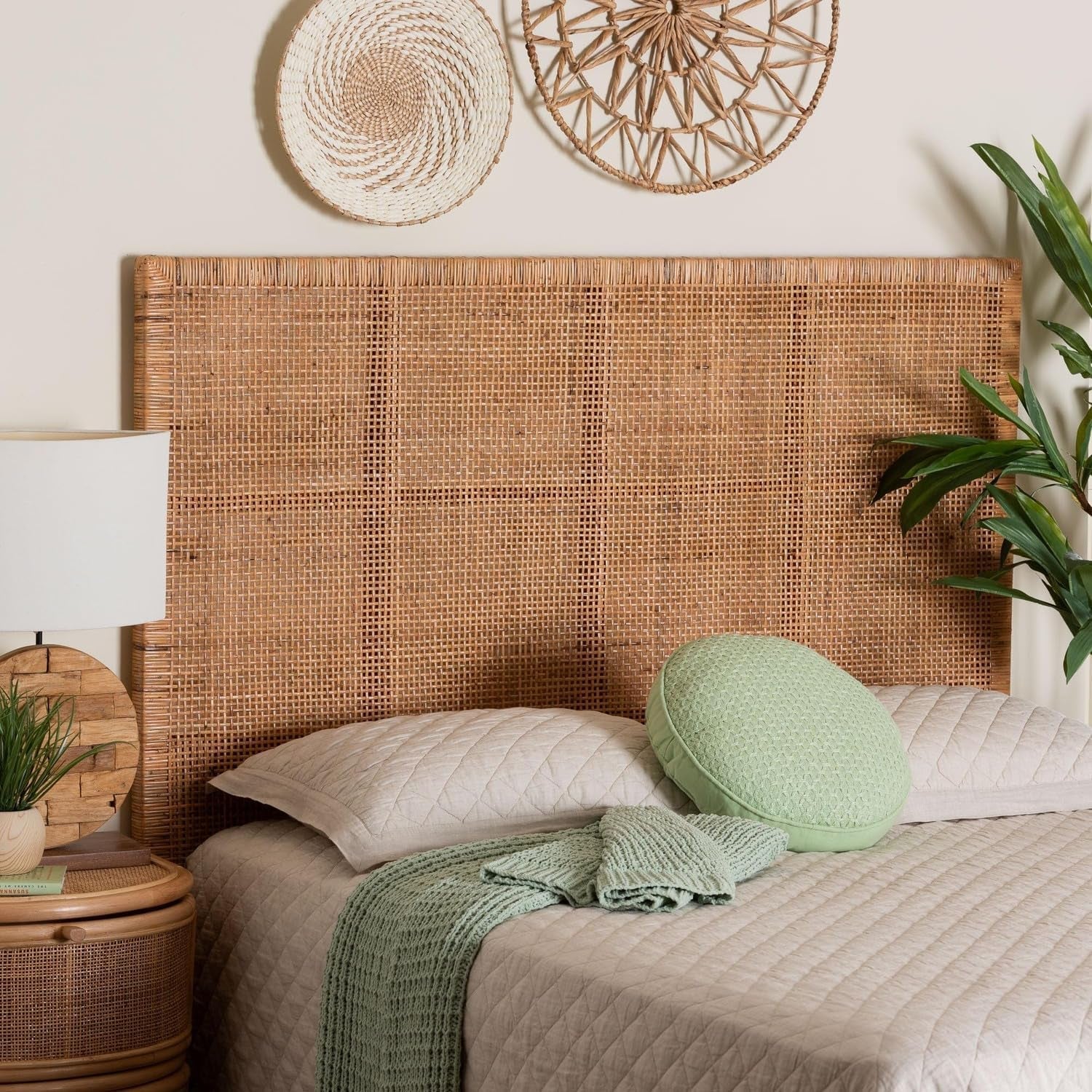 Bohemian Queen Size Rattan Mahogany Wood Headboard-1