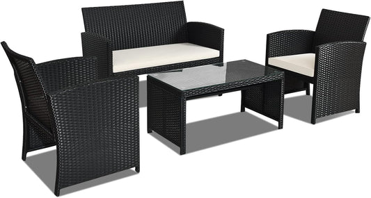 4-Piece Rattan Patio Furniture Set, Outdoor Wicker Conversation Sofa with Weather Resistant Cushions and Tempered Glass Tabletop for Lawn Backyard Pool Garden (White(Black Wicker))-0