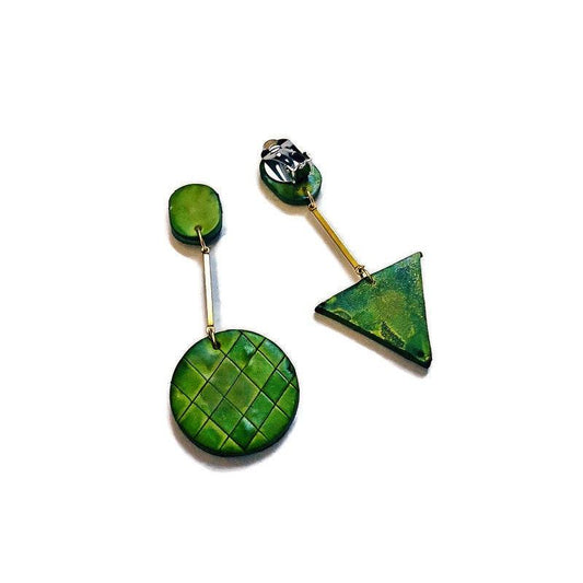 Long Asymmetric Clip On Earrings in Olive Green-0