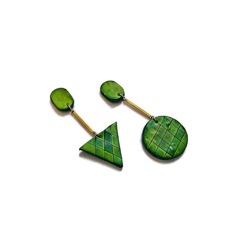 Long Asymmetric Clip On Earrings in Olive Green-1