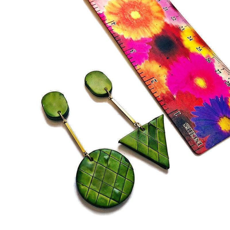 Long Asymmetric Clip On Earrings in Olive Green-2