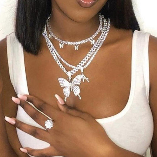 Iced Out Butterfly Necklace Chain for Women Wholesale New Crystal Rhinestone Pink Gold Cuban Link Choker Necklace Party-0